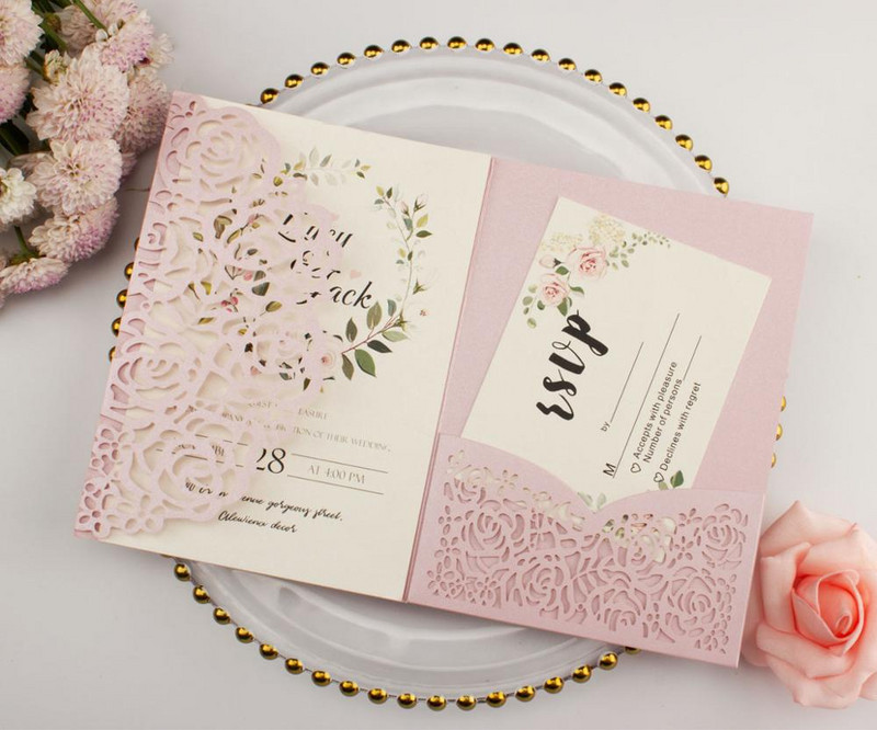 tasuta kohaletoimetamine 1X laserlõigatud kolmekordne valge roosikuldne lilleline taskuvolt Pulmakutsekaart Kutse RSVP Kohanda ümbrikut