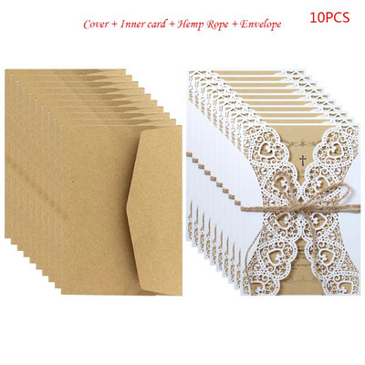 10 tk/komplekt Rustikaalne laserlõigatud pulmakutsed Kaardid pitsist kotiriie lips, kutsed