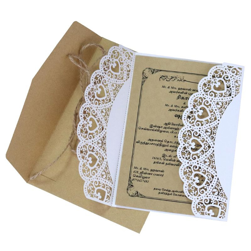 10 tk/komplekt Rustikaalne laserlõigatud pulmakutsed Kaardid pitsist kotiriie lips, kutsed