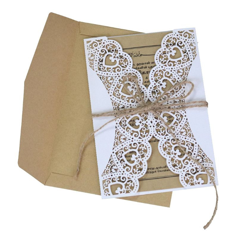 10 tk/komplekt Rustikaalne laserlõigatud pulmakutsed Kaardid pitsist kotiriie lips, kutsed