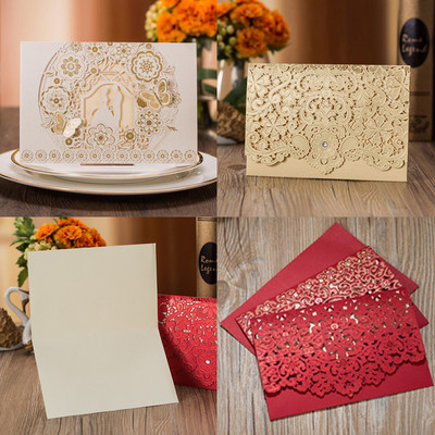 1pcs Gold White Red Luxury Flora Laser Cut Wedding Invitations Card Elegant Wedding Envelopes Event Party Wedding Decoration