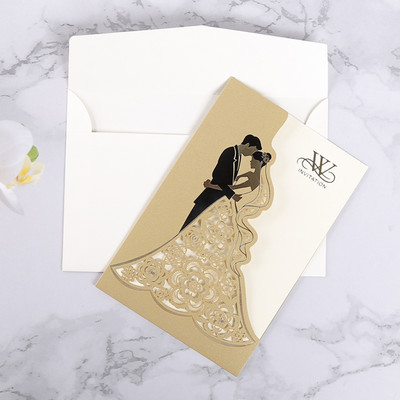 1 tk pruudi ja peigmehe laseriga lõigatud pulmakutsekaardid Luksuslikud õnnitluskaardid Kohandatud soodustused Pulmakaunistuste peotarbed