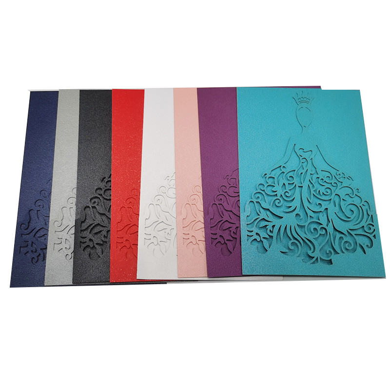 50 tk Kümme värvi tüdruku pulmakutse laserlõikega tüdruku sünnipäevaks Valikuline ümbrik, sisemine kaart, kohandatud peotarbed