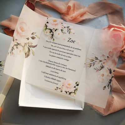 Υψηλής ποιότητας UV Εκτύπωση 10 τμχ Διαφανής ακρυλική κάρτα με τυπωμένο κουτί Προσαρμοσμένο ακρυλικό προσκλητήριο γάμου με ύφασμα λεκέ