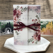 10X roheline Burgundia roosa lilleline vellum pulmakutsed Läbipaistev kaart pruutpaari sünnipäevapeoks Quinceanera kutsed