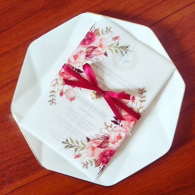 10X roheline Burgundia roosa lilleline vellum pulmakutsed Läbipaistev kaart pruutpaari sünnipäevapeoks Quinceanera kutsed