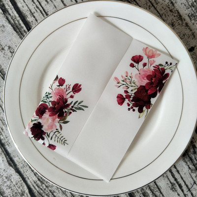 10X roheline Burgundia roosa lilleline vellum pulmakutsed Läbipaistev kaart pruutpaari sünnipäevapeoks Quinceanera kutsed