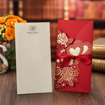 1 τμχ Δείγμα Κόκκινη Κόψιμο με Λέιζερ Προσκλητήρια Γάμου Ευχετήριες κάρτες Τριαντάφυλλο Καρδιά με Φάκελους Κορδέλας Διακόσμηση Μπομπονιέρα Γάμου