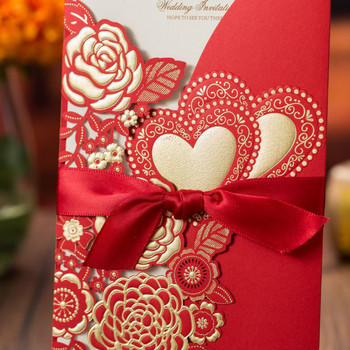 1 τμχ Δείγμα Κόκκινη Κόψιμο με Λέιζερ Προσκλητήρια Γάμου Ευχετήριες κάρτες Τριαντάφυλλο Καρδιά με Φάκελους Κορδέλας Διακόσμηση Μπομπονιέρα Γάμου
