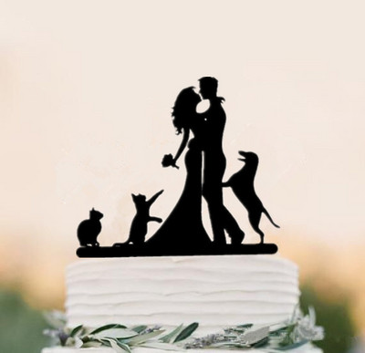 Segastiilis mustast akrüülist pruudi ja peigmehe siluett lemmiklooma kassi härra ja proua topperidega pulmakoogi kaunistamiseks