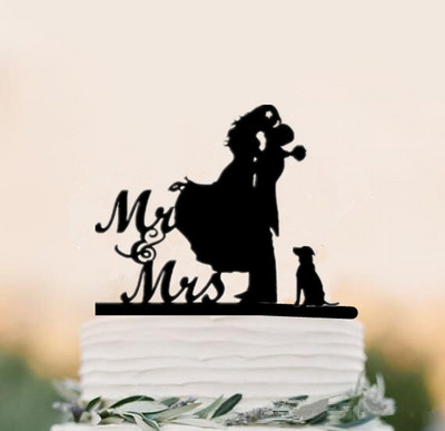 Segastiilis mustast akrüülist pruudi ja peigmehe siluett lemmiklooma kassi härra ja proua topperidega pulmakoogi kaunistamiseks