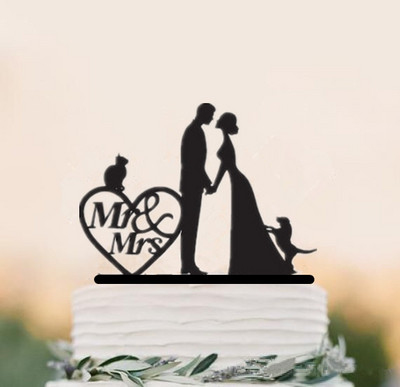 Segastiilis mustast akrüülist pruudi ja peigmehe siluett lemmiklooma kassi härra ja proua topperidega pulmakoogi kaunistamiseks
