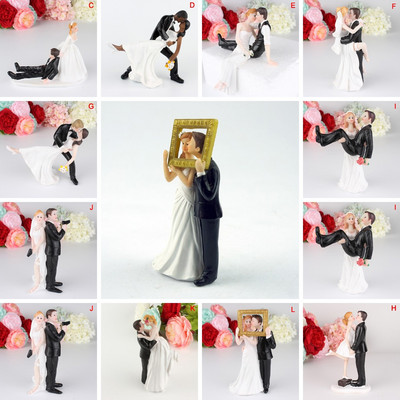 Menyasszonyi vőlegény figurák Vicces, édes esküvői tortafeltétek Házassági figura babák Állvány felső díszítés gyanta esküvői tortadísz