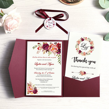 1бр сватбена покана тъмносиня джобна бордо поздравителна картичка с плик парти с панделка и етикет