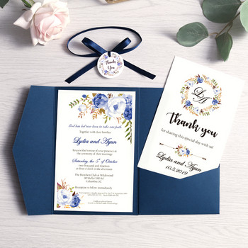 Προσκλητήριο γάμου 1 τεμ. Ναυτικό Μπλε Τσέπη Μπορντό ευχετήρια κάρτα με πάρτι φακέλου με κορδέλα και ετικέτα