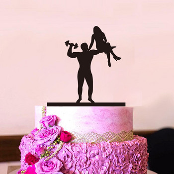 Забавен стил Сватбена покривка за торта Bride & Groom Shooting Cake Topper MR & Mrs Черна акрилна покривка за торта Декорация за вдигане на тежести