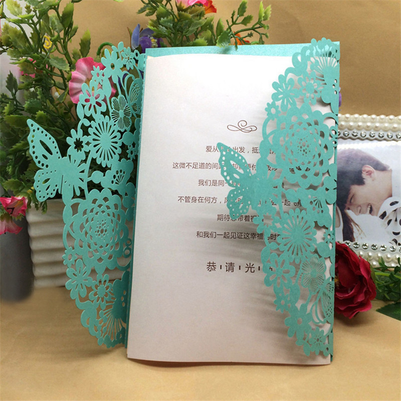 10 tk/pakk Läikivast pärlipaberist pulmakutsekaart Laserlõikelillega nikerdatud 3D liblikaga kutsed pulma sünnipäevapeoks