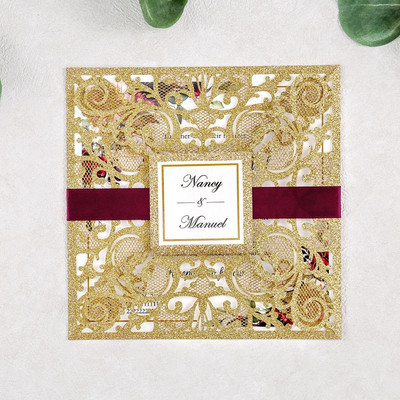 1 tk Burgundia, hõbedane, valge, kuldne ja tumesinine laseriga lõigatud pulmakutsekaardid kuldse sädeleva äärise ja ümbrikuga