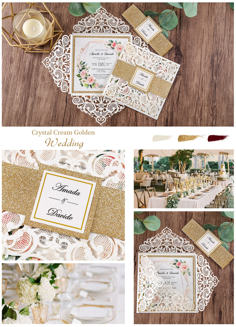 1 tk Burgundia, hõbedane, valge, kuldne ja tumesinine laseriga lõigatud pulmakutsekaardid kuldse sädeleva äärise ja ümbrikuga