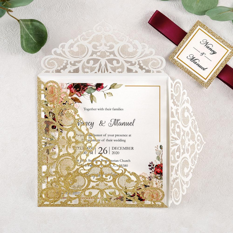 1 tk Burgundia, hõbedane, valge, kuldne ja tumesinine laseriga lõigatud pulmakutsekaardid kuldse sädeleva äärise ja ümbrikuga