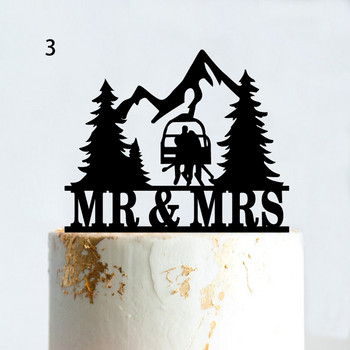 Skiing Cake Topper Mr & Mrs Wedding Party Fans Winter Sport Lift Διακόσμηση τούρτας γενεθλίων Ζευγάρι Σιλουέτα Ακρυλικό Μαύρο