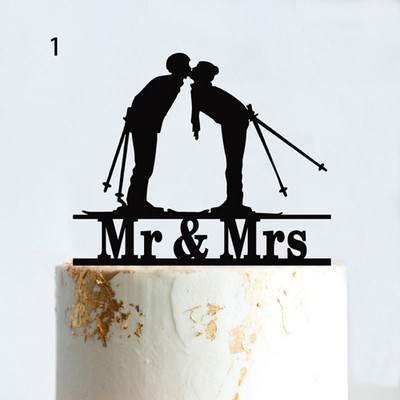 Suusatamine Torditops Härra ja proua pulmapidu Talispordifännid Suusatõstuk Sünnipäevakoogikaunistus Paar Siluett Akrüül Must