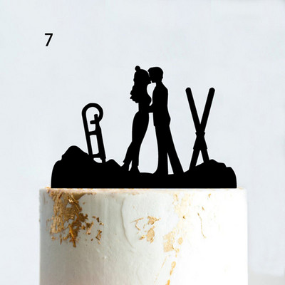 Suusatamine Torditops Härra ja proua pulmapidu Talispordifännid Suusatõstuk Sünnipäevakoogikaunistus Paar Siluett Akrüül Must