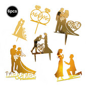 6 tk/partii Akrüülist härra ja proua koogipealsed pulmapeotarbed kuldne, must härra ja proua kookide kaunistused pruudi ja peigmehe kaunistused