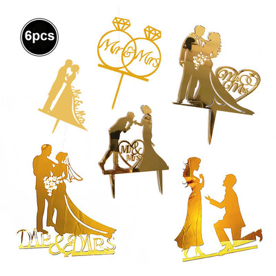 6 tk/partii Akrüülist härra ja proua koogipealsed pulmapeotarbed kuldne, must härra ja proua kookide kaunistused pruudi ja peigmehe kaunistused