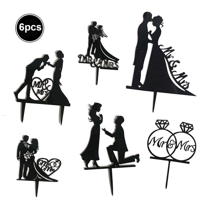 6 tk/partii Akrüülist härra ja proua koogipealsed pulmapeotarbed kuldne, must härra ja proua kookide kaunistused pruudi ja peigmehe kaunistused