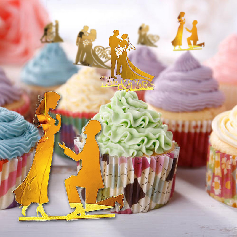 6 tk/partii Akrüülist härra ja proua koogipealsed pulmapeotarbed kuldne, must härra ja proua kookide kaunistused pruudi ja peigmehe kaunistused