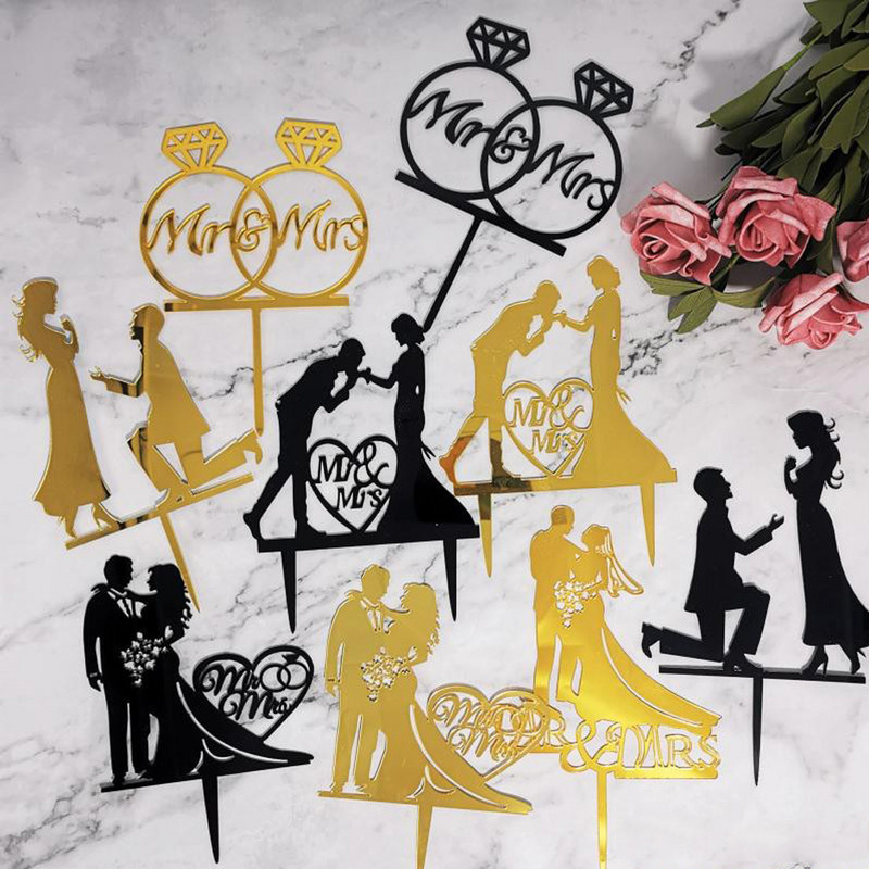 6 tk/partii Akrüülist härra ja proua koogipealsed pulmapeotarbed kuldne, must härra ja proua kookide kaunistused pruudi ja peigmehe kaunistused