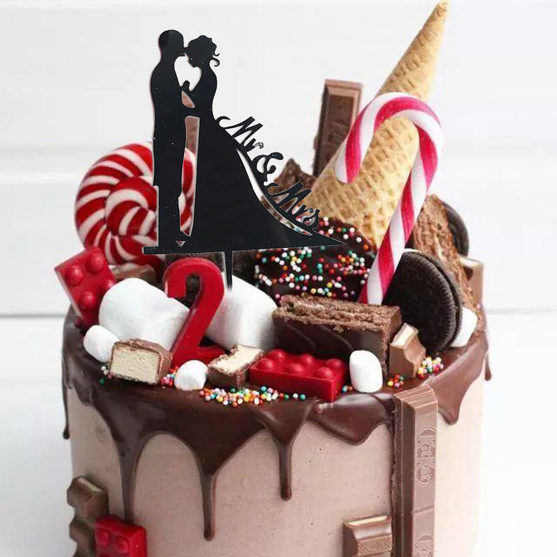 6 tk/partii Akrüülist härra ja proua koogipealsed pulmapeotarbed kuldne, must härra ja proua kookide kaunistused pruudi ja peigmehe kaunistused