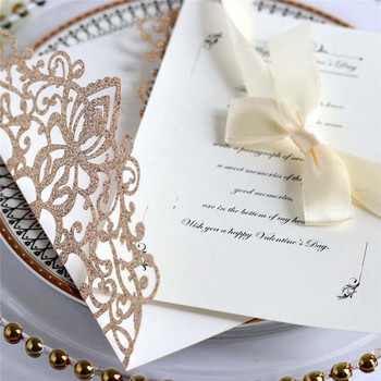 10PCS Блестящи покани с бантик в европейски стил Лазерно изрязани сватбени покани Корица за празнични поздравителни картички