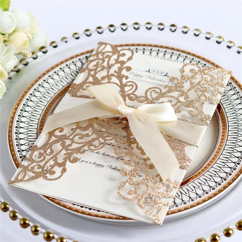 10 TK Bowknot Glitter kutsed Euroopa stiilis laserlõigatud pulmakutsed Pühade õnnitluskaardi kaaned