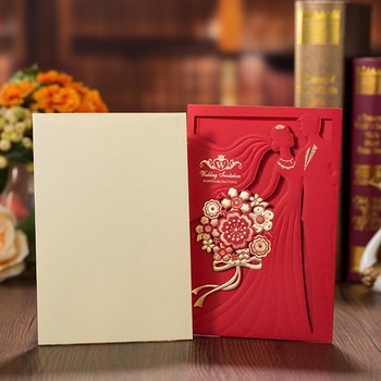 1 τεμ. Κόκκινο χρυσό κομμένο με λέιζερ Προσκλητήρια γάμου Νύφη και γαμπρός Κομψή ευχετήρια κάρτα με φακέλους Διακοσμήσεις γάμου