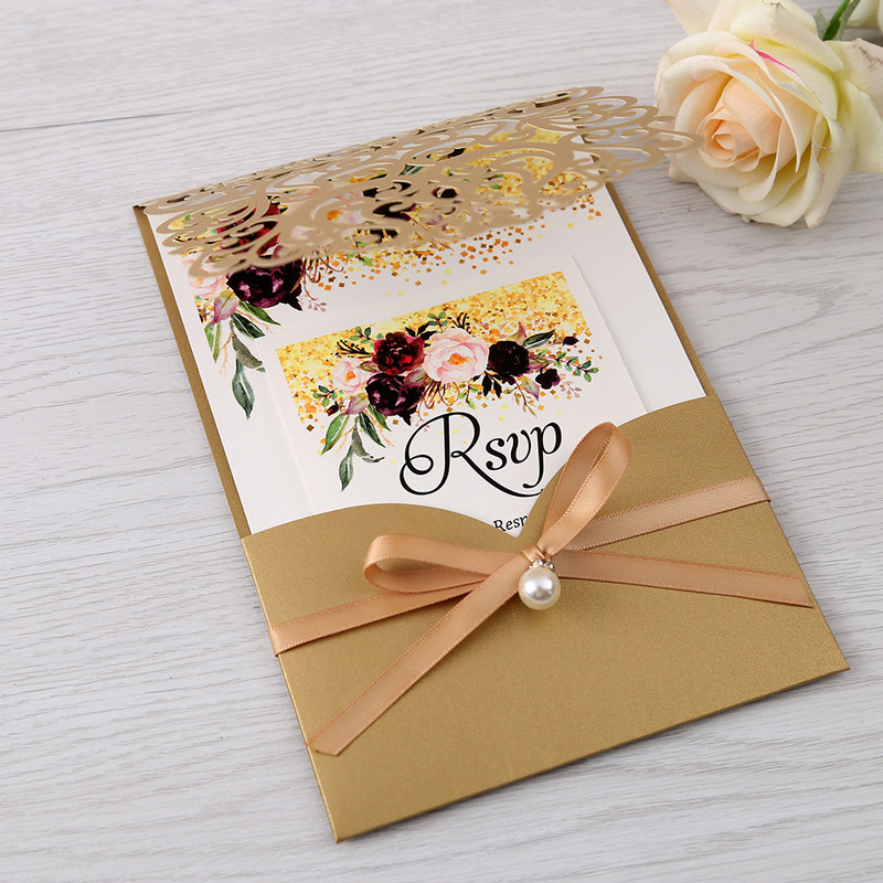 1 tk tumesinine, valge, kuldne ja Burgundia uued laserlõigatud pulmakutsed RSVP-kaardiga, pärlipael, kohandatav