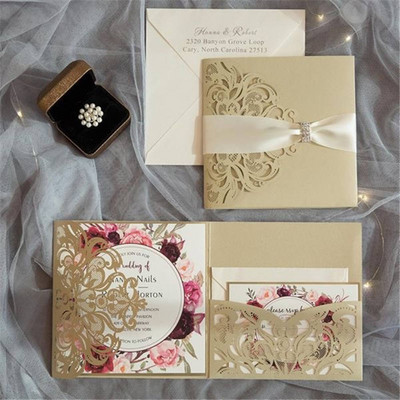 10-osaline kolmekordselt volditav laserlõike ažuurne lilleline pulmakutsekaartide komplekt Postkaart Tipptasemel äritehingud