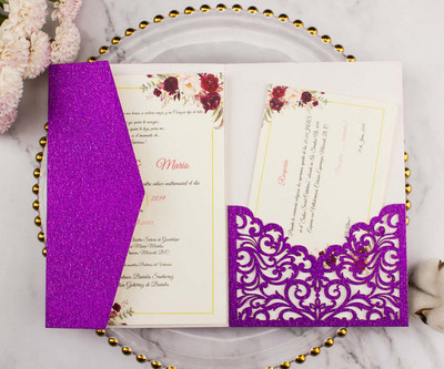 10 τμχ Κομψό Ροζ Κόκκινο Χρυσό Ασημένιο Glitter Τρίφυλλο Προσκλητήριο Γάμου με κοπή με λέιζερ Προσαρμοσμένη κάρτα για την επέτειο του πάρτι