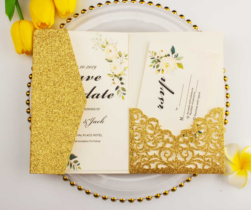 10 τμχ Κομψό Ροζ Κόκκινο Χρυσό Ασημένιο Glitter Τρίφυλλο Προσκλητήριο Γάμου με κοπή με λέιζερ Προσαρμοσμένη κάρτα για την επέτειο του πάρτι