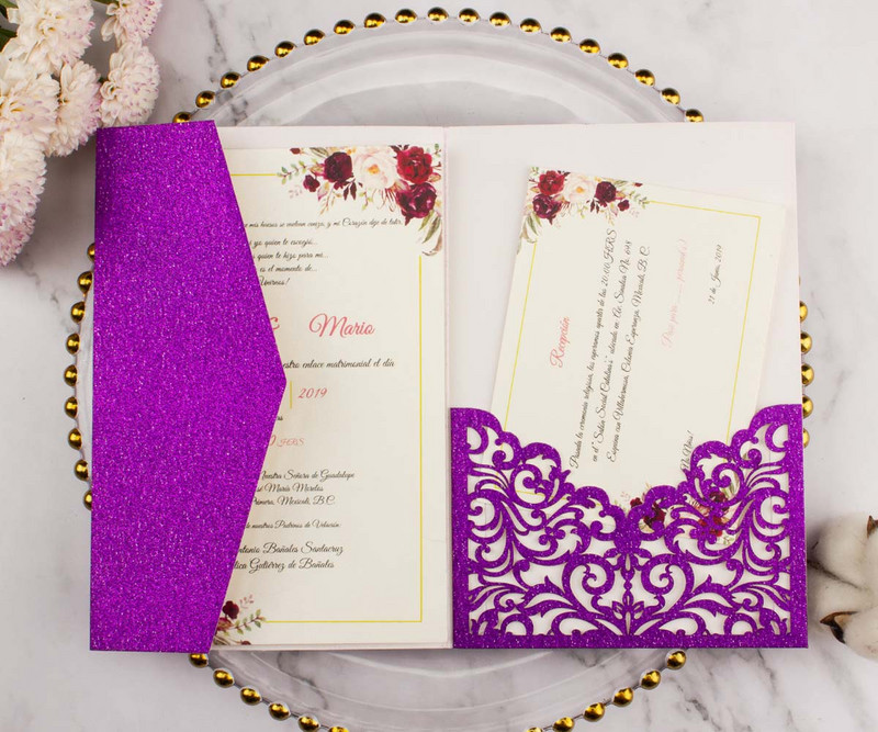 10 τμχ Κομψό Ροζ Κόκκινο Χρυσό Ασημένιο Glitter Τρίφυλλο Προσκλητήριο Γάμου με κοπή με λέιζερ Προσαρμοσμένη κάρτα για την επέτειο του πάρτι