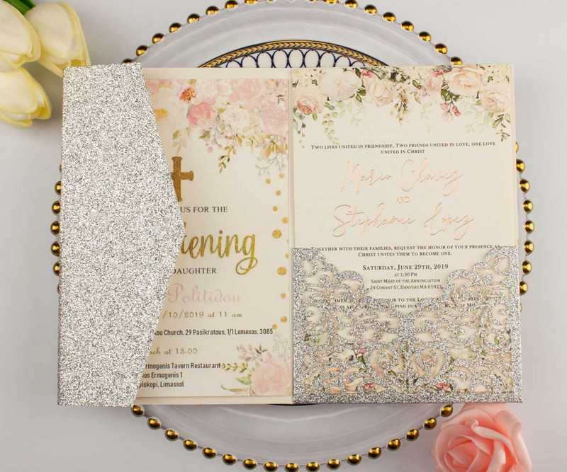 10 τμχ Κομψό Ροζ Κόκκινο Χρυσό Ασημένιο Glitter Τρίφυλλο Προσκλητήριο Γάμου με κοπή με λέιζερ Προσαρμοσμένη κάρτα για την επέτειο του πάρτι