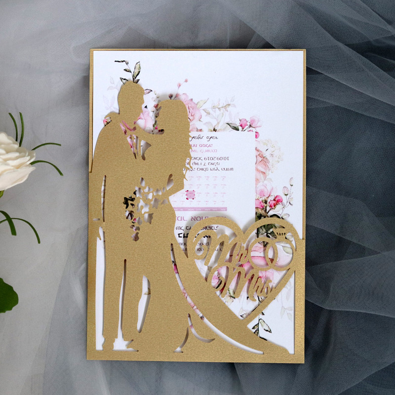 1 vnt. Elegantiškas nuotakos ir jaunikio lazeriu iškirptas vestuvių kvietimas, sveikinimo atvirukas, pritaikytas Valentino dienos vakarėlio vestuvių dekoravimui