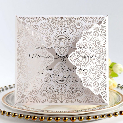 5 tk/partii Kuld/valged pulmakutsed Pulmakutsekaardi disain Laserlõigatud kutsekaart Pulmapeotarbed