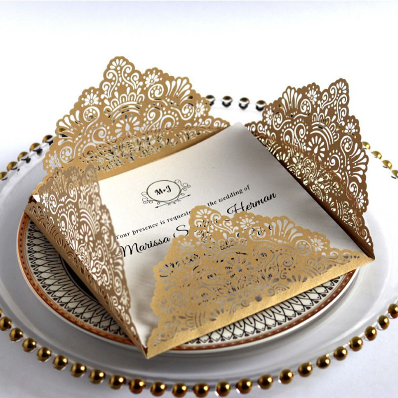5 tk/partii Kuld/valged pulmakutsed Pulmakutsekaardi disain Laserlõigatud kutsekaart Pulmapeotarbed