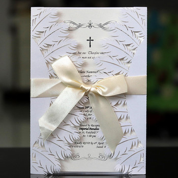 Двойно прегънати покани за сватба с перо с панделки Покана за лазерно изрязване Поздравителни картички Mariage Рожден ден Кръщене Консумативи за парти