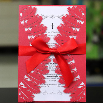Двойно прегънати покани за сватба с перо с панделки Покана за лазерно изрязване Поздравителни картички Mariage Рожден ден Кръщене Консумативи за парти
