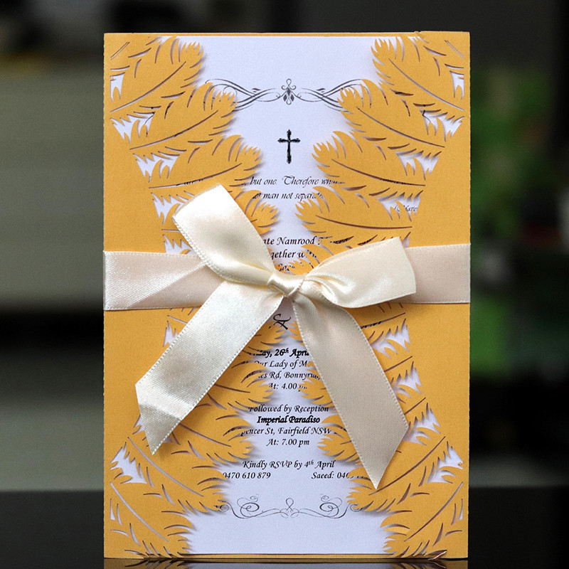 Dvostruko presavijene pozivnice za vjenčanje od perja s vrpcama Laserski izrezane pozivnice Čestitke Mariage Rođendanske potrepštine za krštenje