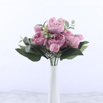 Букет от изкуствени цветя от 30 см розов копринен божур 5 големи глави и 4 пъпки Евтини фалшиви цветя за домашна сватбена декорация на закрито