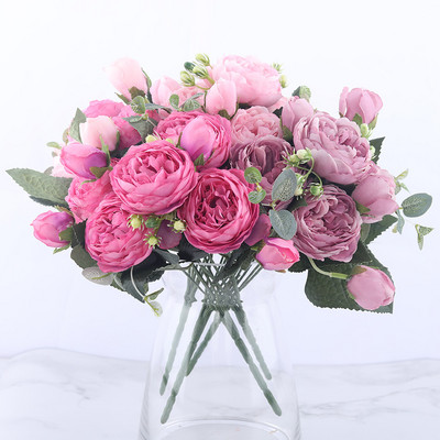 Buchet de flori artificiale de bujor de mătase roz trandafir de 30 cm 5 capete mari și 4 muguri Flori false ieftine pentru decorarea casei de nuntă de interior